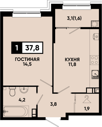 Планировка 1-комн 37,8, 38,2 м²