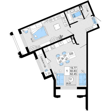 Планировка 1-комн 62,45 м²