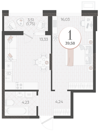 Планировка 1-комн 39,58 м²