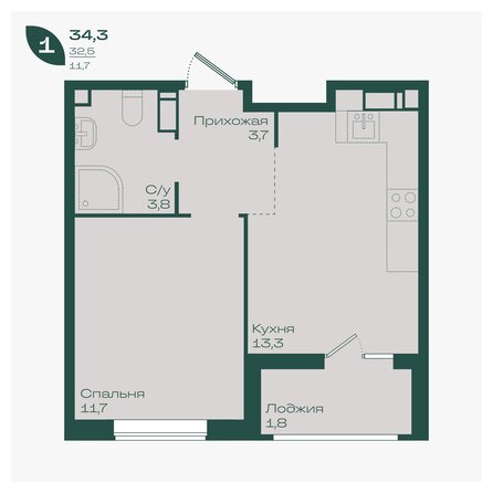 Планировка 1-комн 34,3 м²