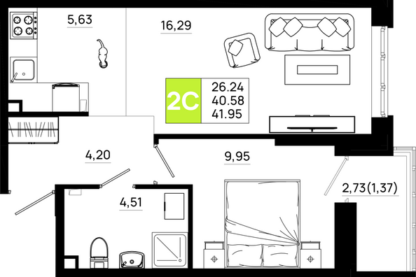 Планировка 1-комн 41,95 м²
