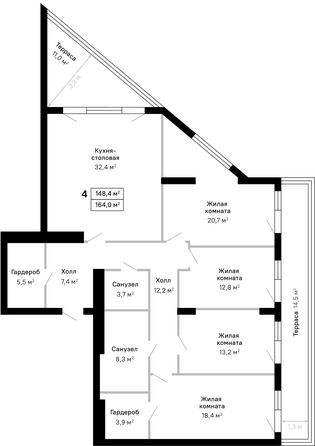 Планировка 4-комн 164 м²