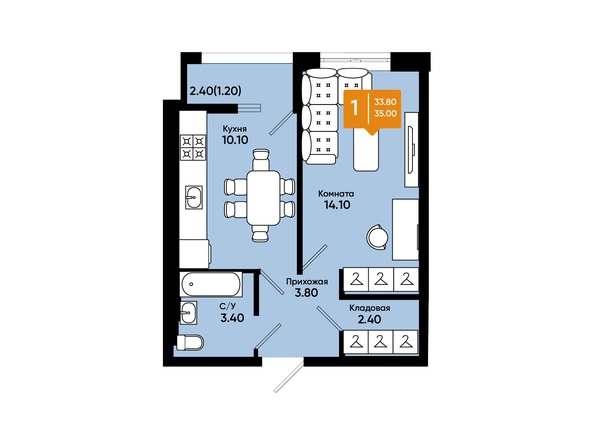 Планировка 1-комн 35 м²