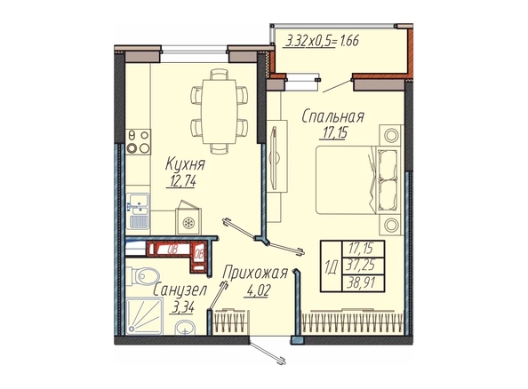 Планировка 1-комн 38,91 м²