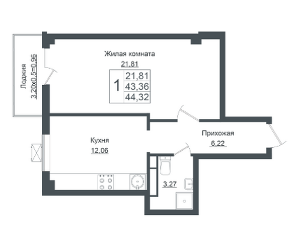 Планировка 1-комн 44,32 м²