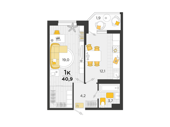 Планировка 1-комн 40,9 - 41,6 м²