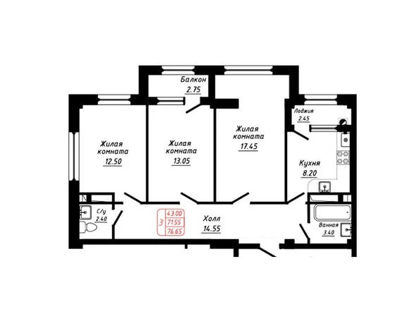 Планировка 3-комн 76,65 м²