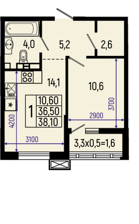 Планировка 1-комн 38,1 м²