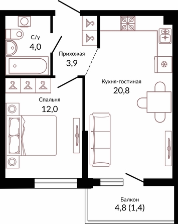 Планировка 1-комн 42,1 м²