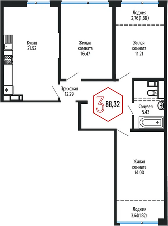 Планировка 3-комн 88,32 м²