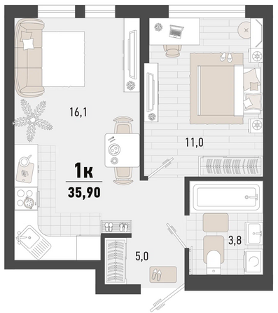 Планировка 1-комн 35,9 м²