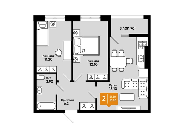 Планировка 2-комн 53,2 м²
