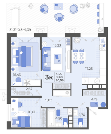 Планировка 3-комн 90,99 м²