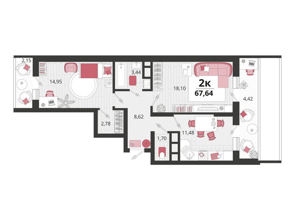 Планировка 2-комн 67,64 м²