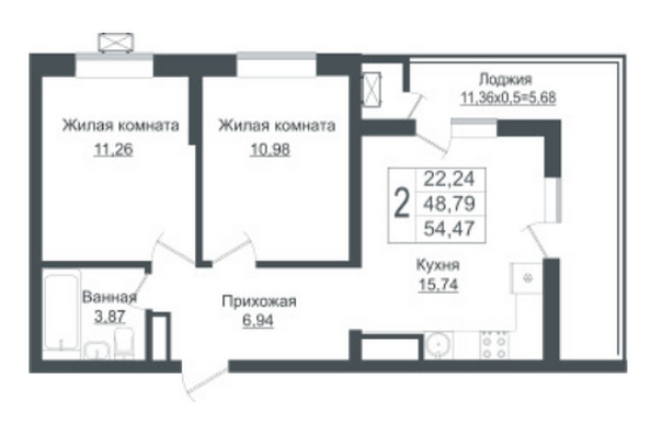 Планировка 2-комн 54,47 м²