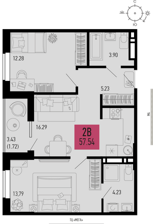 Планировка 2-комн 57,54 м²