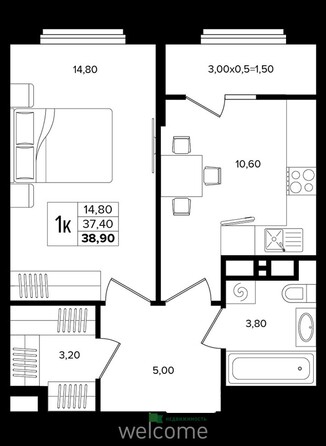 Планировка 1-комн 38,9 м²