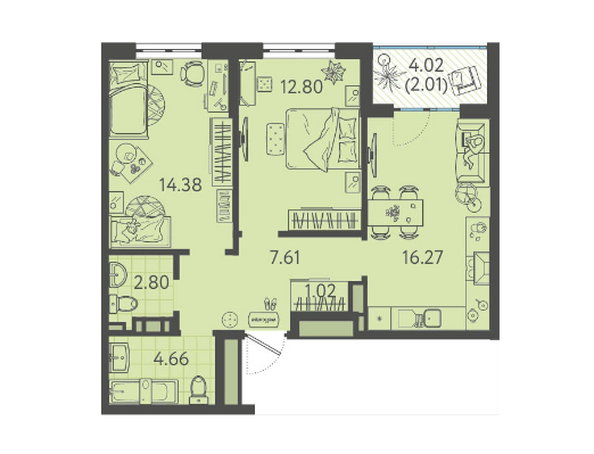 Планировка 2-комнатной квартиры, подъезды 3, 4