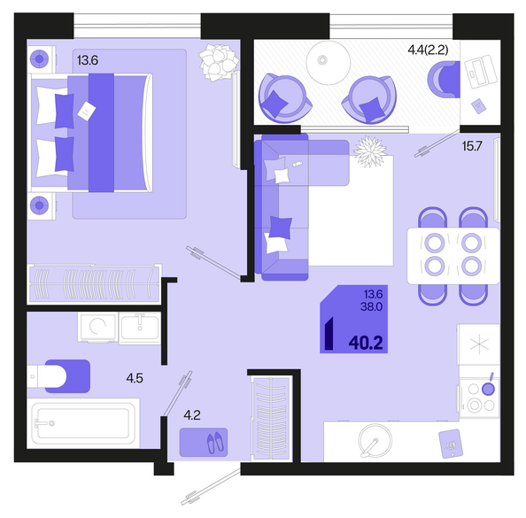 Планировка 1-комн 40,2 м²