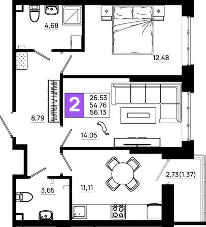 Планировка 2-комн 56,13 м²