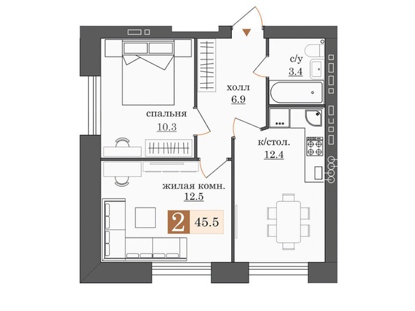 Планировка 1-комн 45,5 м²