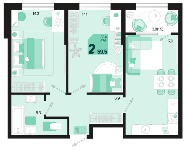 Планировка 2-комн 59,5 м²