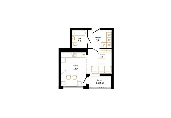 Планировка 1-комн 33,6 м²