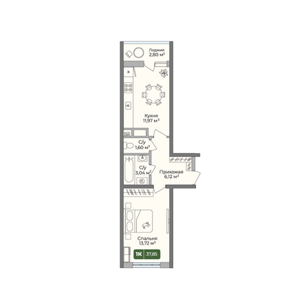 Планировка 1-комн 37,85 м²