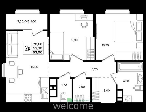 Планировка 2-комн 53,9 м²
