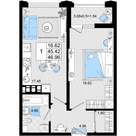Планировка 1-комн 46,96 м²