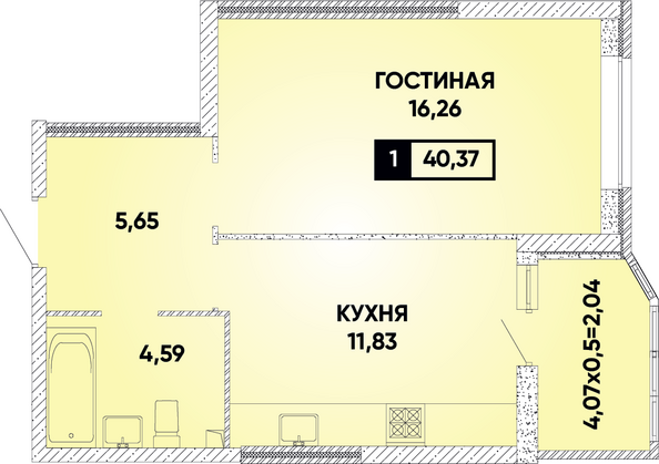 Планировка 1-комн 40,37 м²