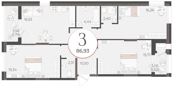 Планировка 3-комн 86,93 м²