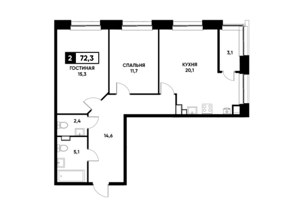 Планировка 2-комн 72,3 м²