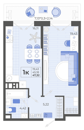 Планировка 1-комн 47,32 м²