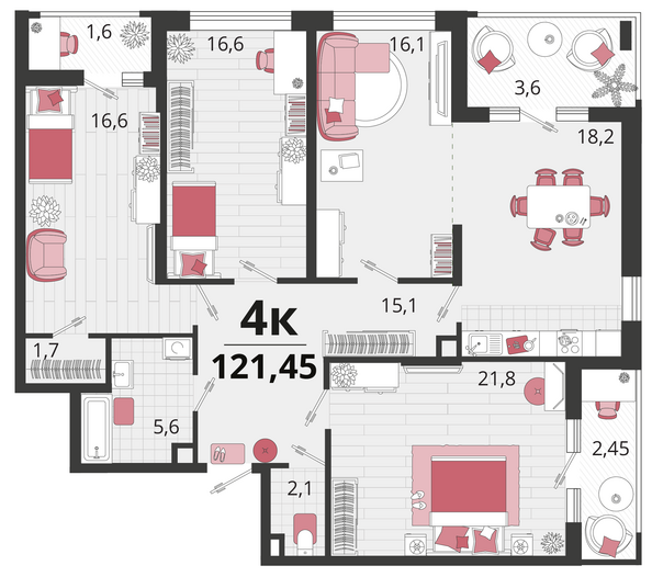 Планировка 4-комн 121,45 м²