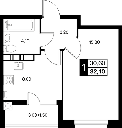 Планировка 1-комн 32,1 м²