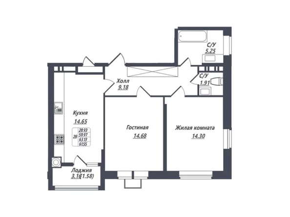 Планировка 2-комн 61,55 м²