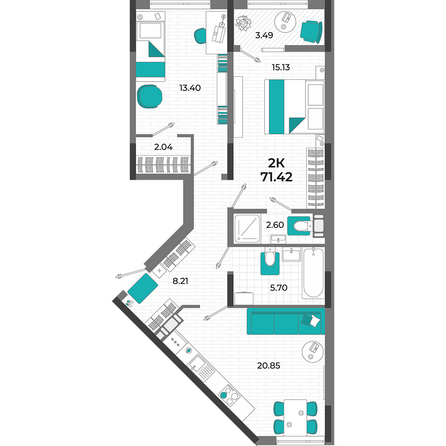 Планировка 2-комн 71,42 м²