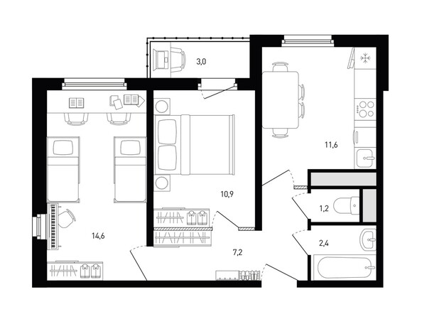 Планировка 2-комн 49,4 м²