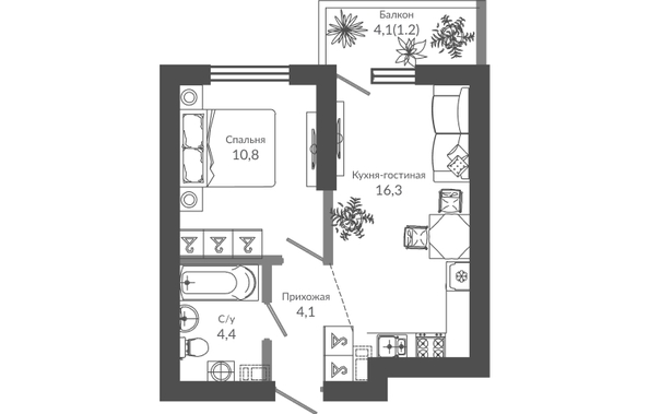 Планировка 1-комн 36,8 м²