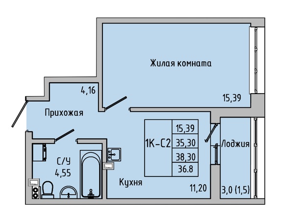 Планировка 1-комн 36,8 м²