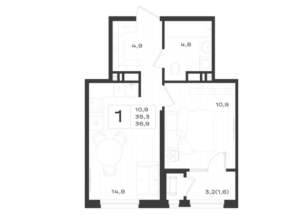 Планировка 1-комн 36,9 м²