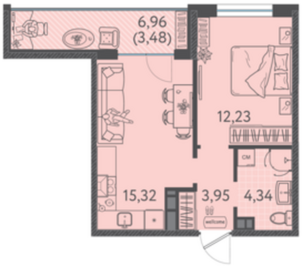 Планировка 1-комн 39,32 м²