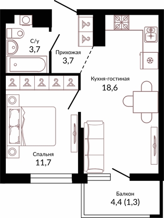 Планировка 1-комн 39 м²