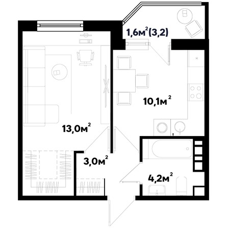 Планировка 1-комн 35 м²