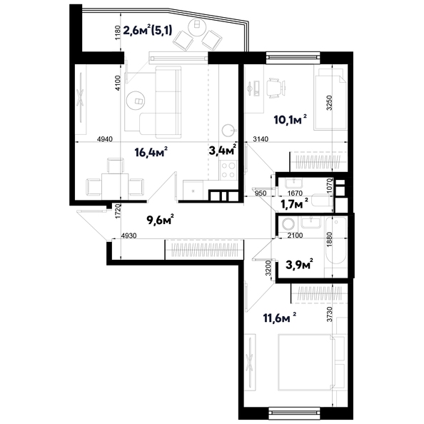 Планировка 3-комн 59,3 м²