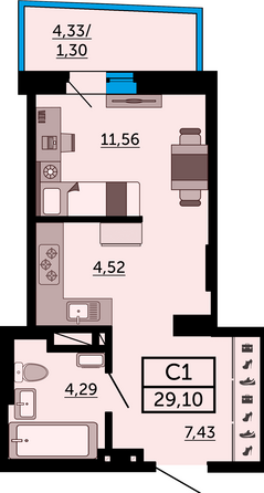 Планировка Студия 28,62 - 29,42 м²