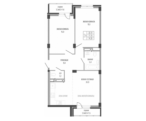 Планировка 2-комн 74,2 м²