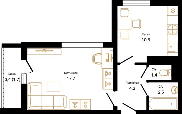 Планировка 1-комн 38,4 м²