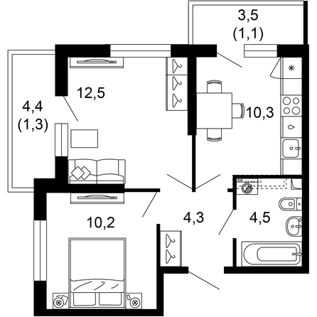 Планировка 2-комн 44,2 м²